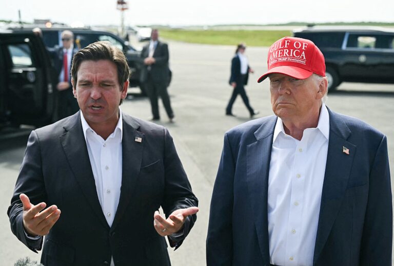 Florida Gov. Ron DeSantis and President Donald Trump speak to reporters before touring a migrant detention center dubbed "Alligator Alcatraz." (ANDREW CABALLERO-REYNOLDS/AFP via Getty Images)