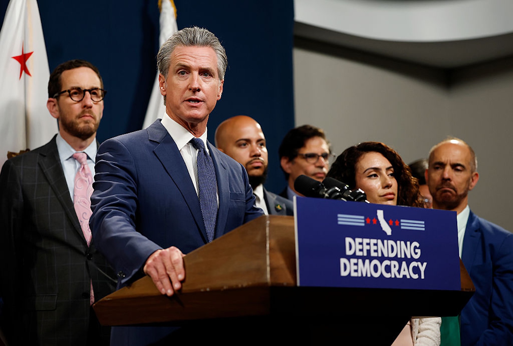 California Gov. Gavin Newsom holds a bill signing event after the state legislature passed a constitutional amendment referendum  to redraw the state’s congressional maps. (Justin Sullivan/Getty Images)