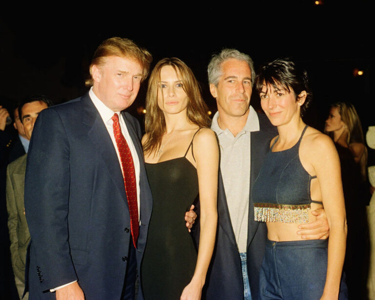 Donald and Melania Trump with the late Jeffrey Epstein and Ghislaine Maxwell in the early 2000s. Maxwell was moved Friday to a minimum‑security federal prison camp in Texas just two days after talking to the Deputy Attorney General. (Davidoff Studios / Getty Images)