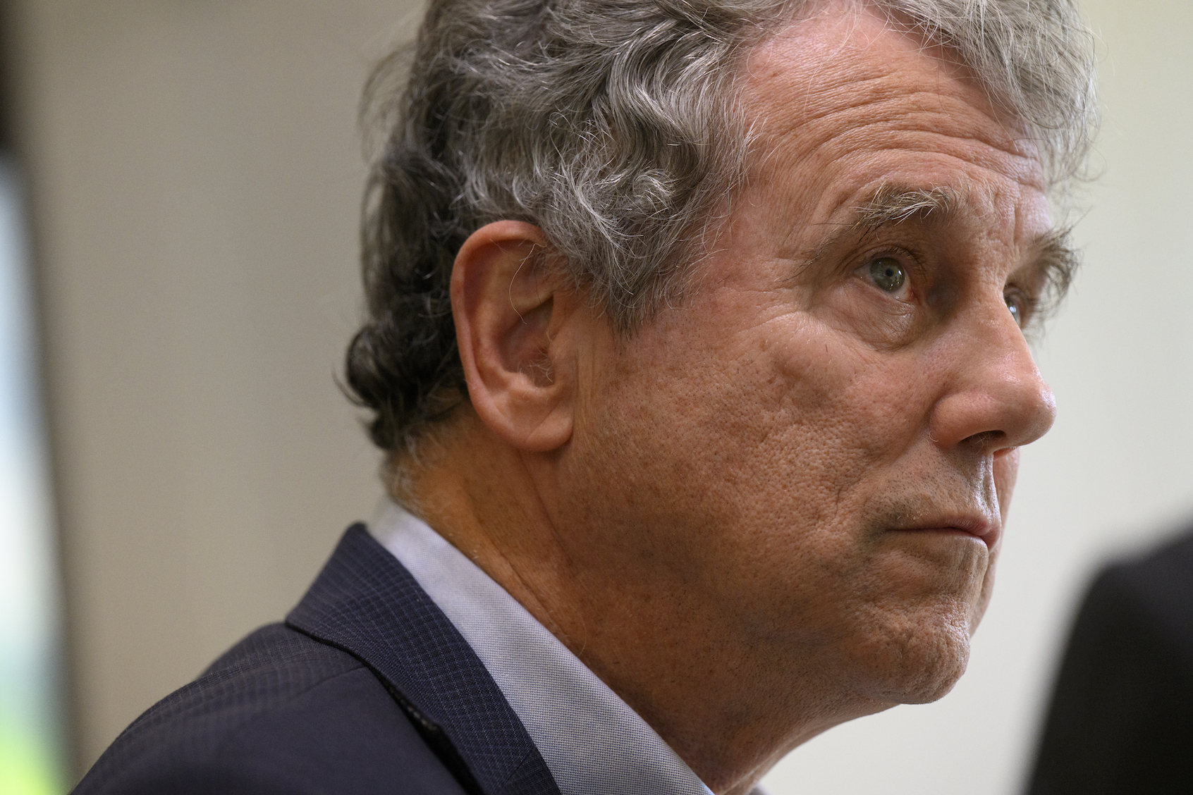 Sen. Sherrod Brown, D-Ohio, talks to a reporter during a campaign stop in Cleveland, Oct. 30, 2024. (Jeff Swensen/Getty Images)