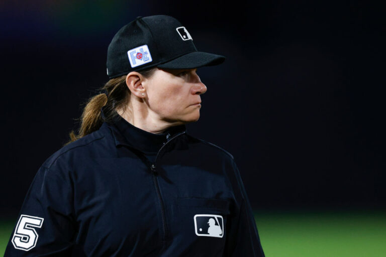 Jen Pawol makes her debut Saturday as the first female umpire to work a regular season MLB game. (Brandon Sloter / Getty Images)