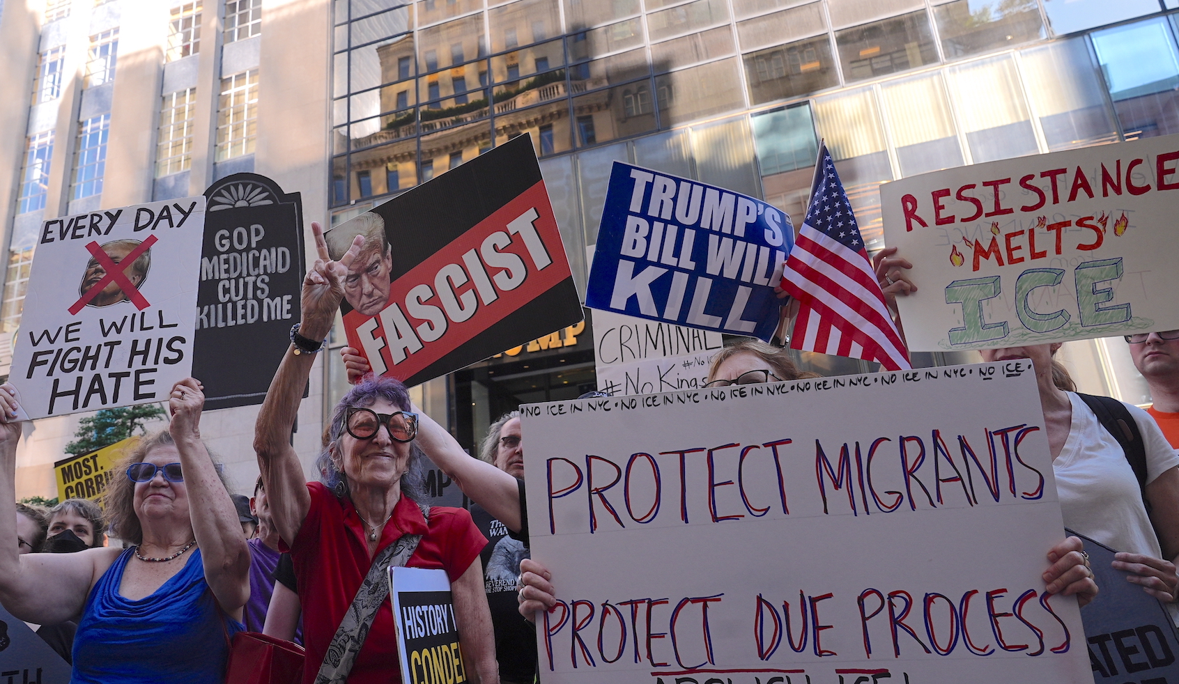 Protesters outside Trump Tower in New York, July 4, 2025. (Selcuk Acar/Anadolu via Getty Images)