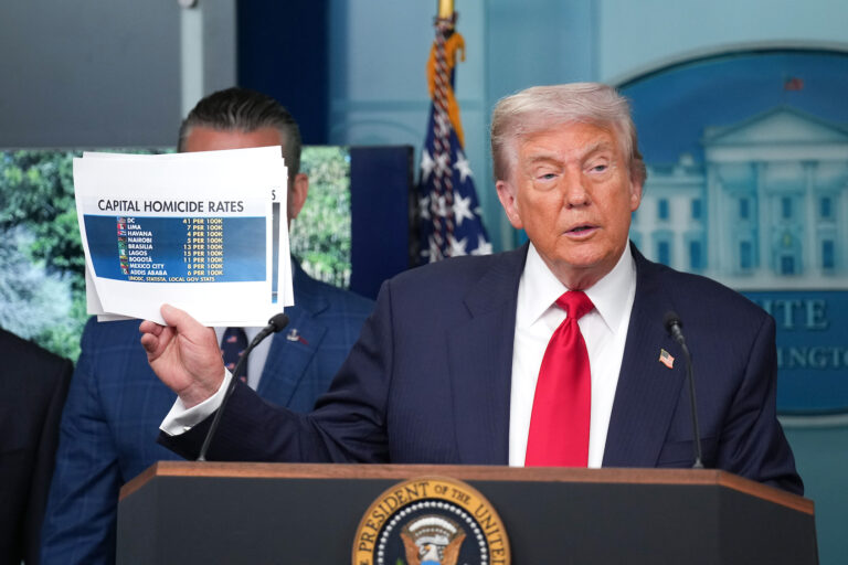 President Donald Trump shows crime statistics as he delivers remarks during a press conference in the James S. Brady Press Briefing Room of the White House. (Photo by Andrew Harnik/Getty Images)