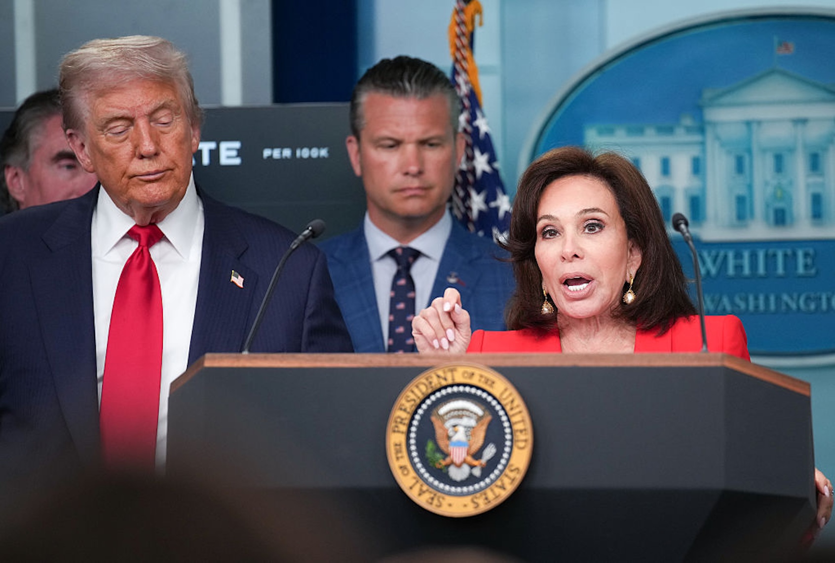 .S. Attorney for the District of Columbia Jeanine Pirro delivers remarks with President Donald Trump and Secretary of Defense Pete Hegseth at the White House on Aug. 11, 2025. (Andrew Harnik/Getty Images)