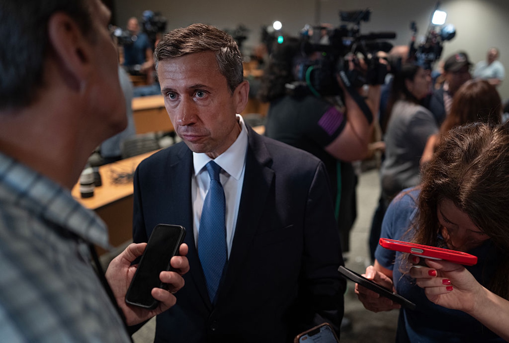Ken Martin, chairman of the Democratic National Committee, speaks to the reporters on Aug. 5, 2025. (Scott Olson/Getty Images)