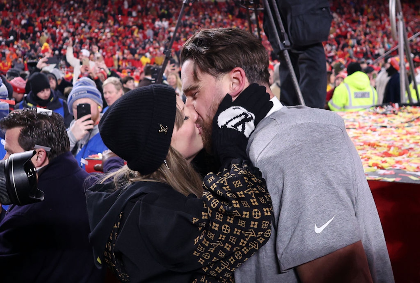 Taylor Swift kisses Travis Kelce after Kansas City defeated the Buffalo Bills to win the AFC Championship Game on Jan. 26, 2025. (Jamie Squire/Getty Images)