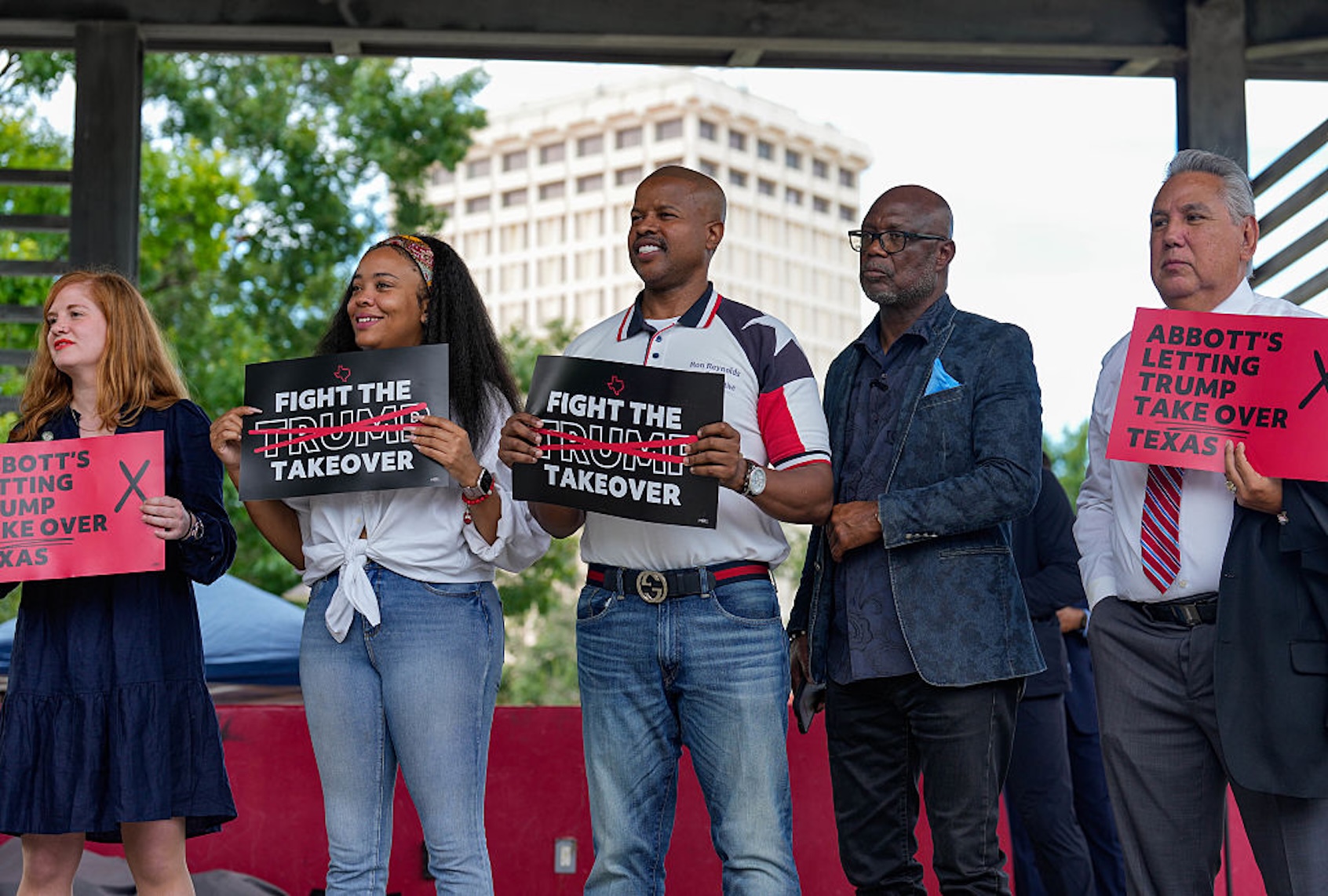 Elected officials gather on stage in Houston, Texas, for a rally against a GOP gerrymandering plan. (Raquel Natalicchio/Houston Chronicle via Getty Images)