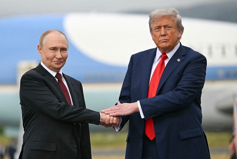 President Donald Trump greets Russian President Vladimir Putin in Anchorage, Alaska, for a summit meeting on Russia's war on Ukraine. (ANDREW CABALLERO-REYNOLDS / AFP)