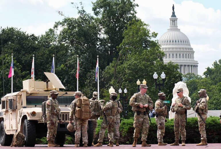Members of the National Guard patrol near the Capitol and Union Station on Aug. 14, 2025. (Kevin Dietsch/Getty Images)