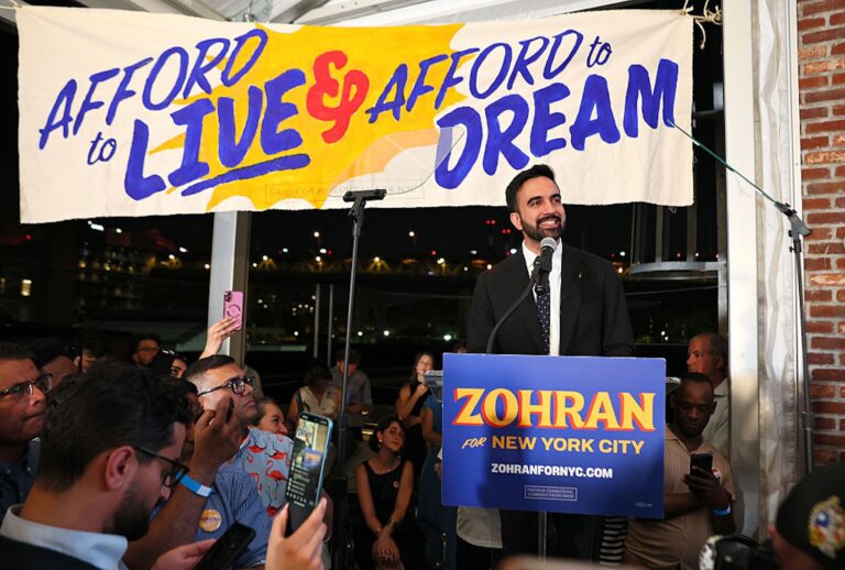 Zohran Mamdani speaks to supporters during a Democratic primary election night gathering after running on a platform of affordability. (Michael M. Santiago/Getty Images)