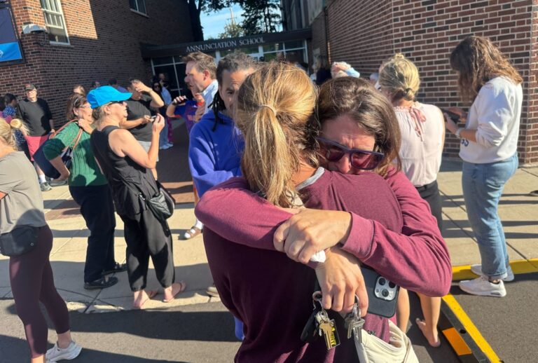 Parents await news of their children's status after shooting at Annunciation Church on Wednesday morning, Aug. 27, 2025 in Minneapolis. (Richard Tsong-Taatarii/The Minnesota Star Tribune via Getty Images)