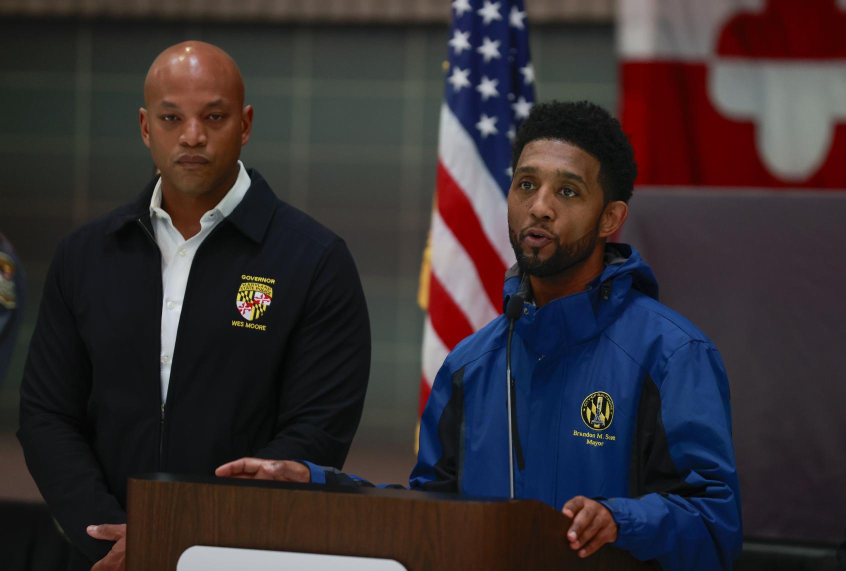 Mayor of Baltimore Brandon Maurice Scott (R) holds a Press Conference on April 2, 2024. (Celal Gunes/Anadolu via Getty Images)