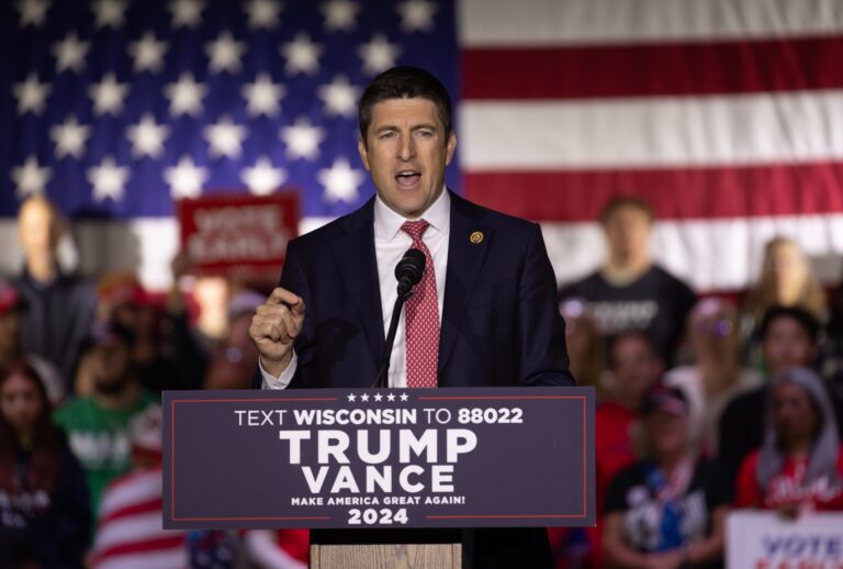 Rep. Bryan Steil (R-WI) speaks at a campaign event with Republican  JD Vance on October 28, 2024 in Racine, Wisconsin. (Scott Olson/Getty Images))