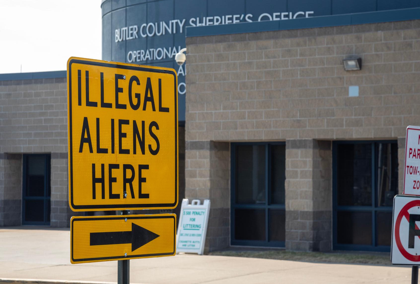 The Butler County, Ohio, jail, where Sheriff Richard Jones has posted a sign reading "Illegal Aliens Here." He has begun holding undocumented immigrants under a contract with Immigration and Customers Enforcement (ICE). (Jim West/UCG/Universal Images Group via Getty Images)