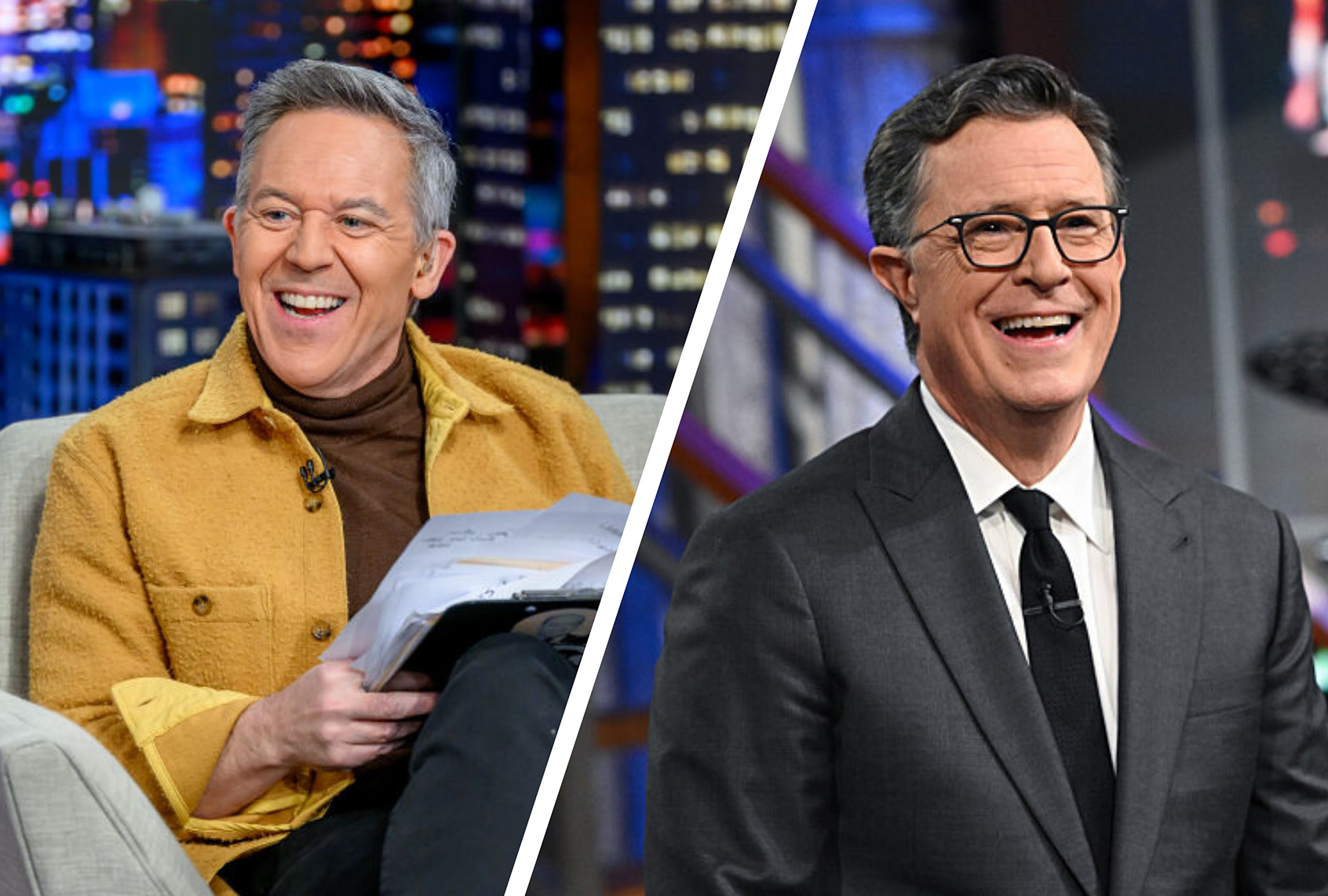Greg Gutfeld (left) and Stephen Colbert (right) on the sets of their respective shows. (Photo illustration by Salon / Roy Rochlin / Getty Images / Scott Kowalchyk / CBS )
