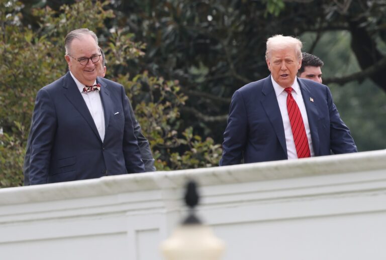 President Donald Trump takes a tour of the roof of the West Wing of the White House along with Architect James McCrery (L) on August 05, 2025 in Washington, DC. (Win McNamee/Getty Images)