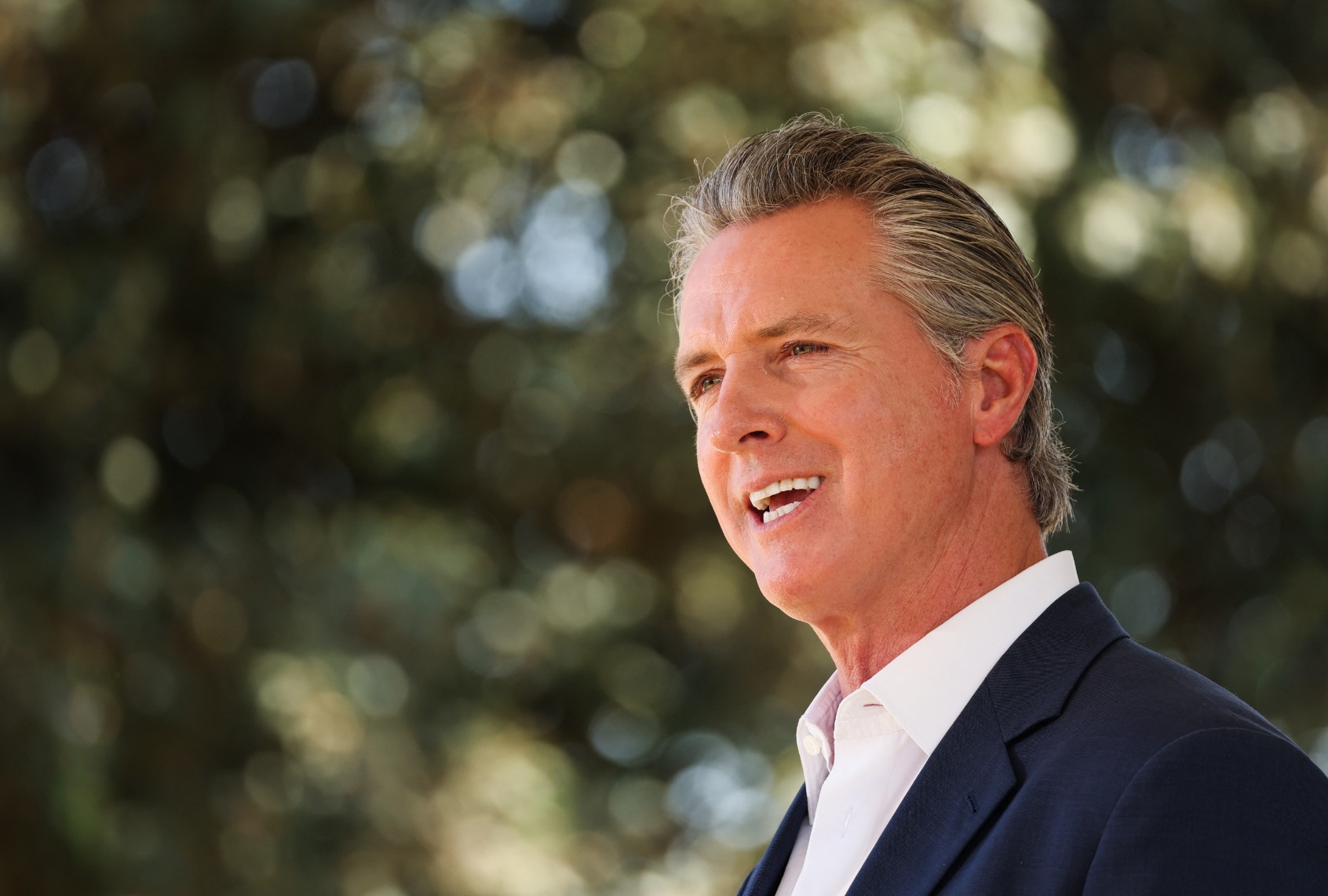 California Governor Gavin Newsom holds a news conference in Downey, California, on July 16, 2025. (PATRICK T. FALLON/AFP via Getty Images)