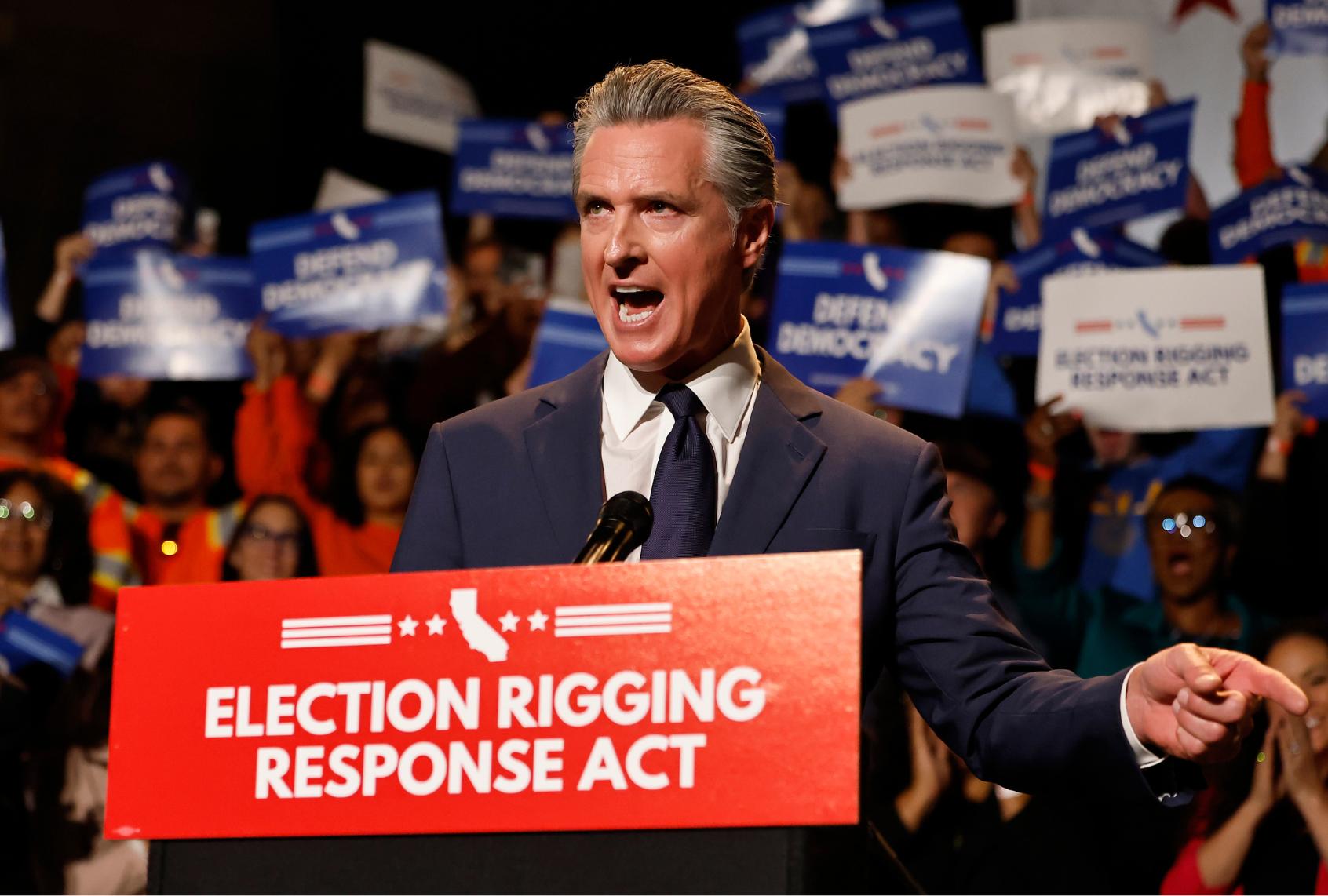 California Governor Gavin Newsom speaks about California redistricting plans at a press conference at the Democracy Center, Japanese American Museum on August 14, 2025 in Los Angeles, California. (Mario Tama/Getty Images)