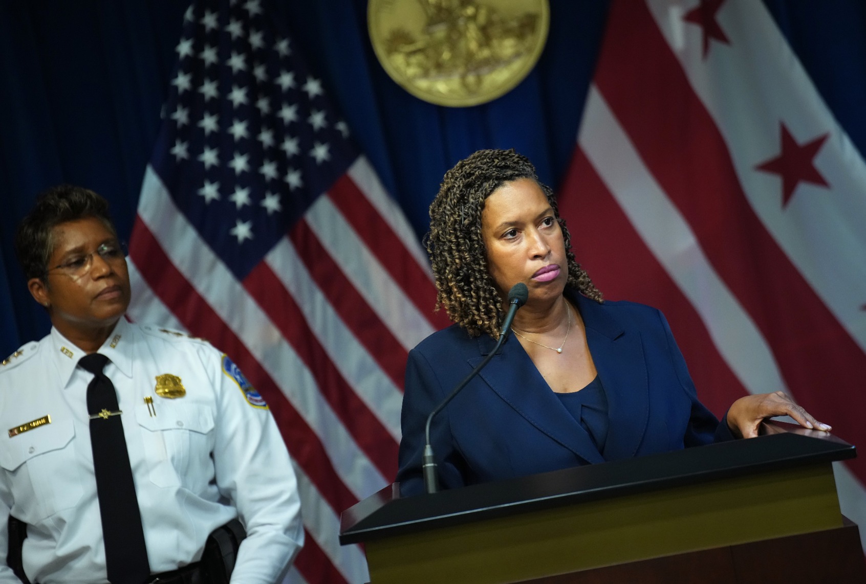 Washington, DC Mayor Muriel Bowser (R), joined by Chief of Police at the Metropolitan Police Department Pamela Smith, speaks at a press conference after President Donald Trump announced a federal takeover of the Metropolitan Police Department at the Wilson Building on August 11, 2025 in Washington, DC. (Kevin Dietsch/Getty Images)