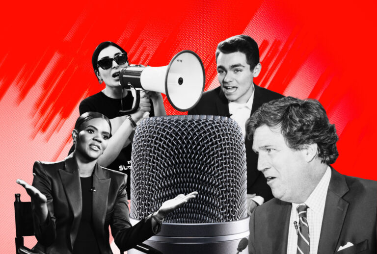 An illustration of podcasters Candice Owens, Laura Loomer, Nick Fuentes and Tucker Carlson around a microphone. (Photo illustration by Salon / Getty Images / MirageC / Jason Davis / Joe Raedle / Ian Maule / WILLIAM EDWARDS / AFP via Getty Images)