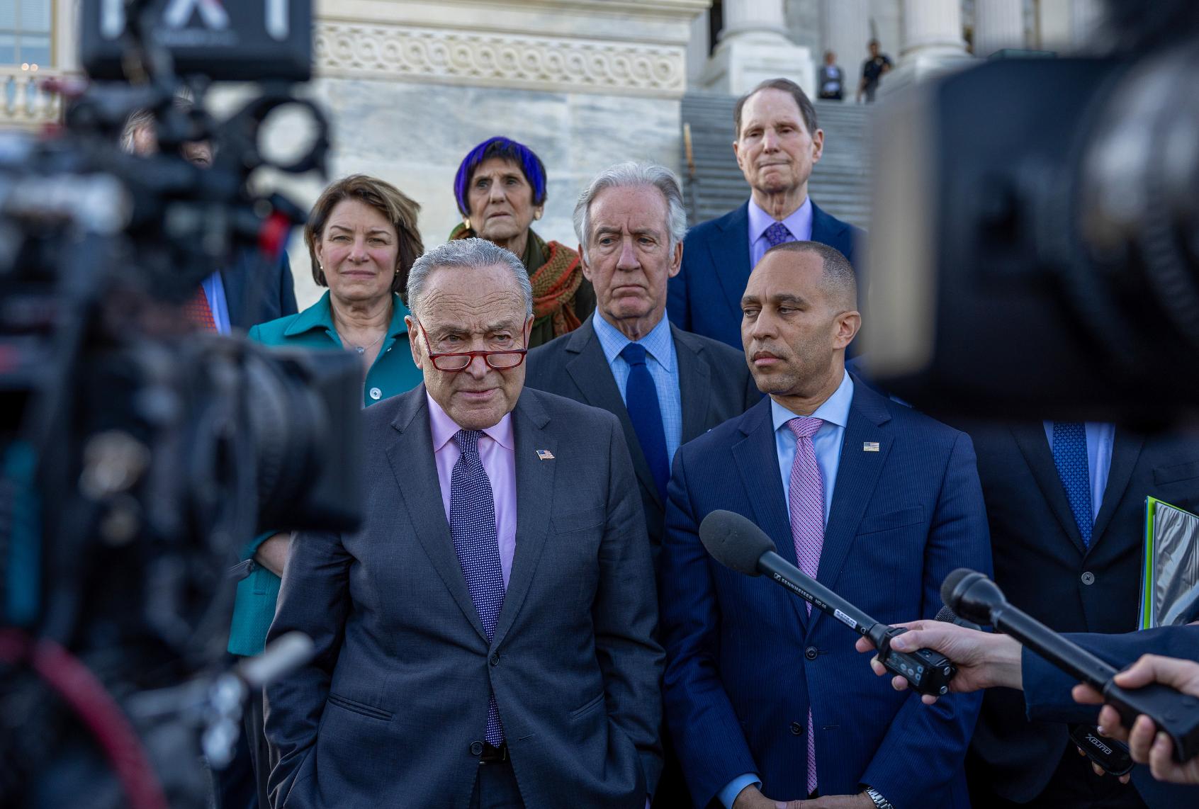 U.S. Senate Minority Leader Chuck Schumer, D-N.Y., and House Minority Leader Hakeem Jeffries, D-N.Y., speak to the media outside the Capitol on April 1, 2025 in Washington, DC. (Tasos Katopodis/Getty Images)