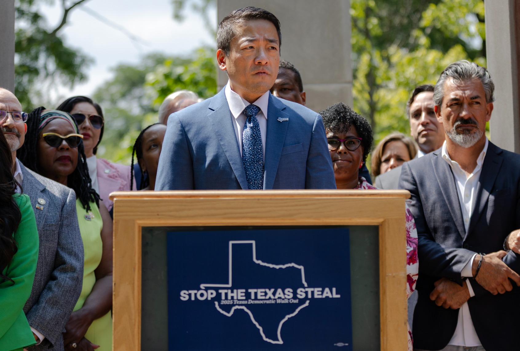 Texas House Democratic Caucus Chair Gene Wu speaks during a press conference in Marquette Park on August 13, 2025 in Chicago, Illinois. (Jim Vondruska/Getty Images)