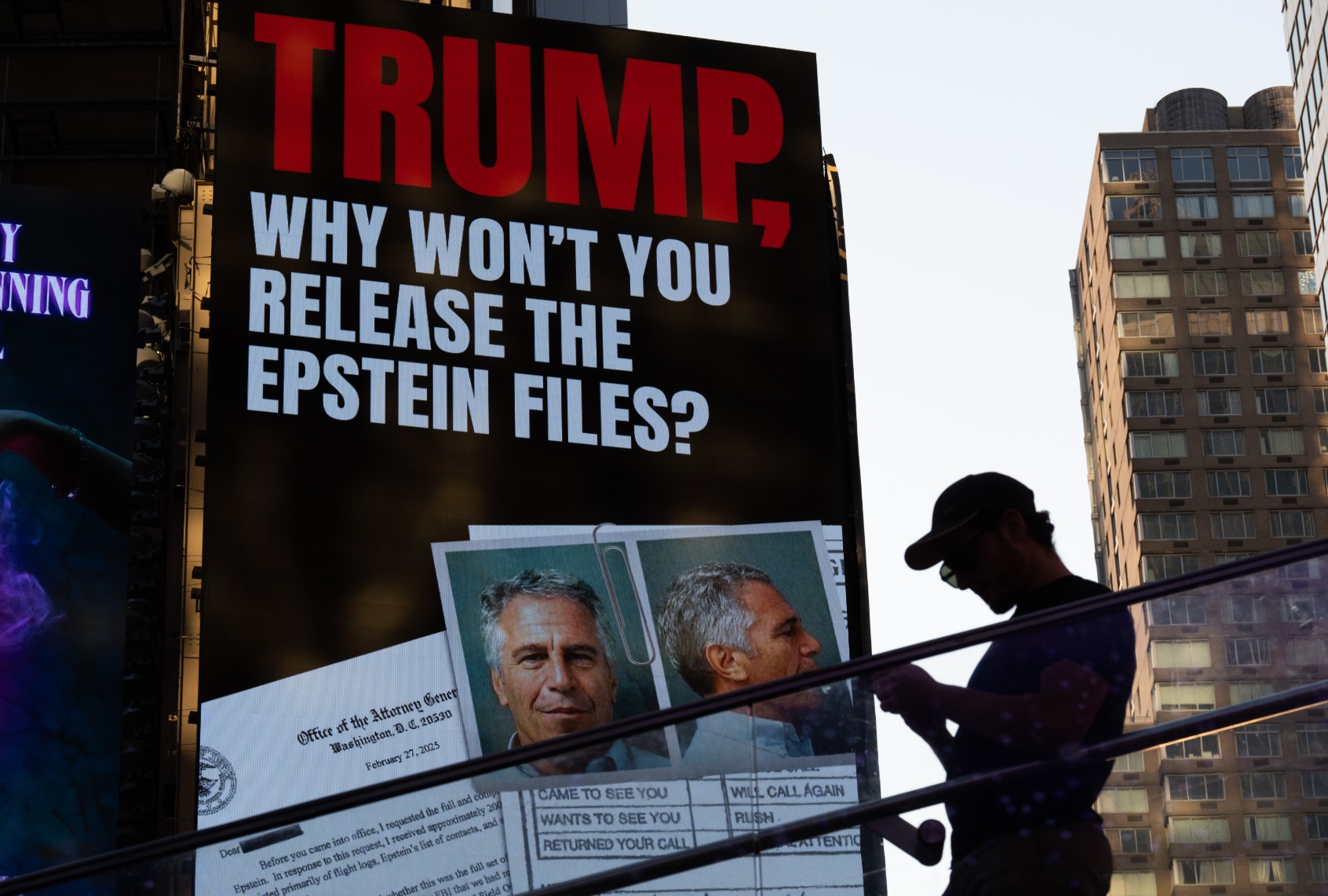 A billboard in Times Square calls for the release of the Epstein files on July 23, 2025 in New York City. (Adam Gray/Getty Images)