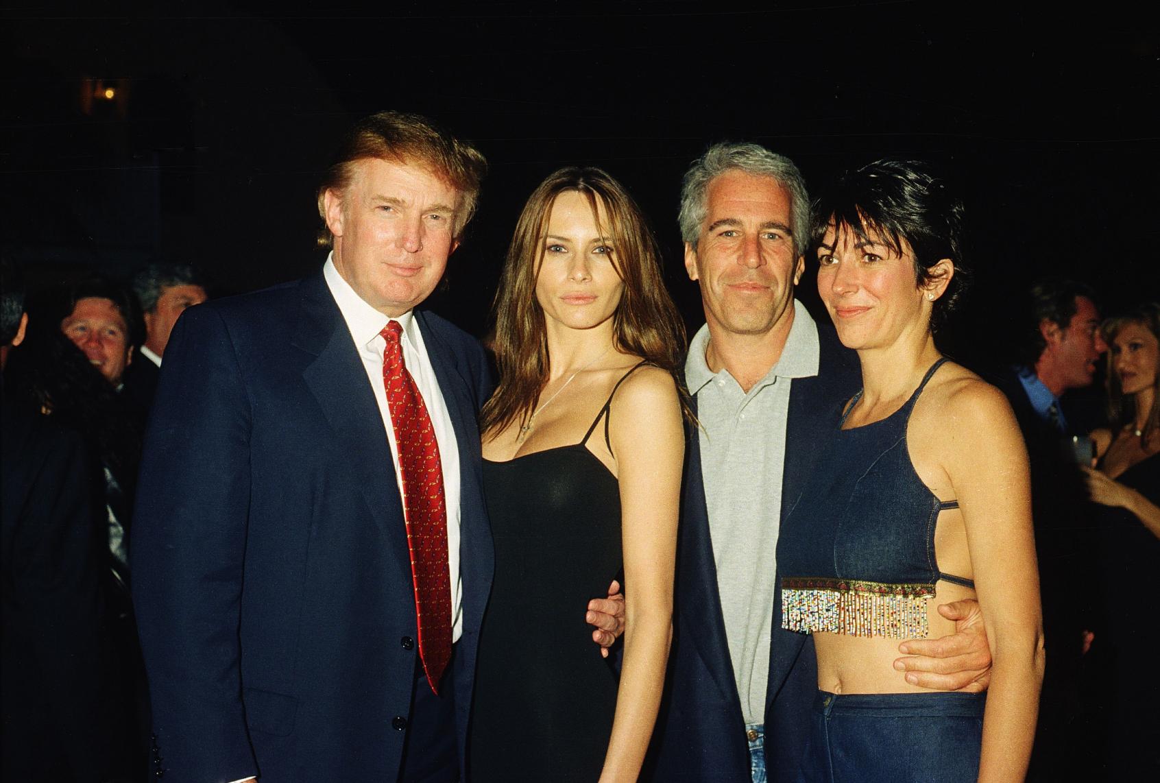 Donald Trump and his then-girlfriend, Melania Knauss, alongside future convicted sex offenders Jeffrey Epstein and Ghislaine Maxwell at Mar-a-Lago on February 12, 2000. (Davidoff Studios/Getty Images))