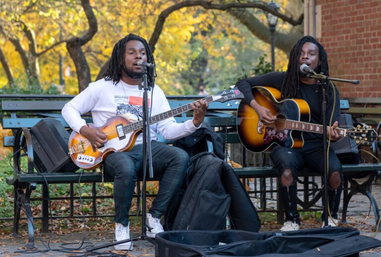 (L-R) Amiri Taylor and Rahiem Taylor of Blac Rabbit perform in Central Park on November 09, 2020, in New York City. (Alexi Rosenfeld/Getty Images)