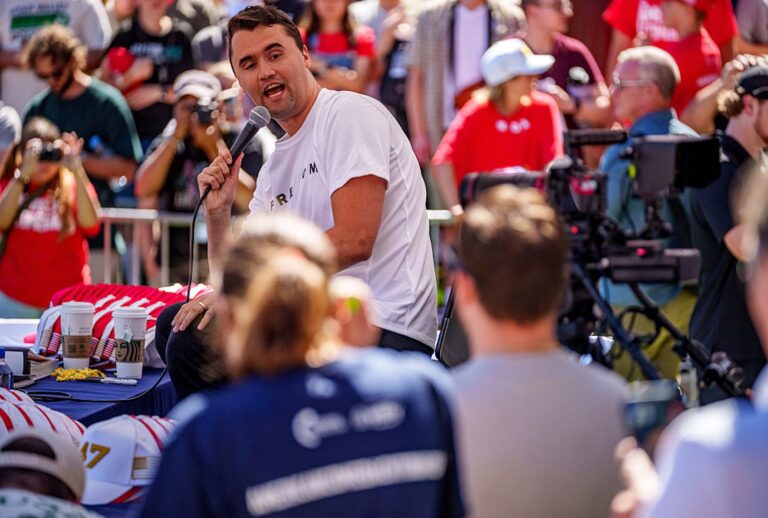 Charlie Kirk appears at Utah Valley University Sept. 10, 2025, minutes before a gunman opened fire. (Trent Nelson/The Salt Lake Tribune/Getty Images)