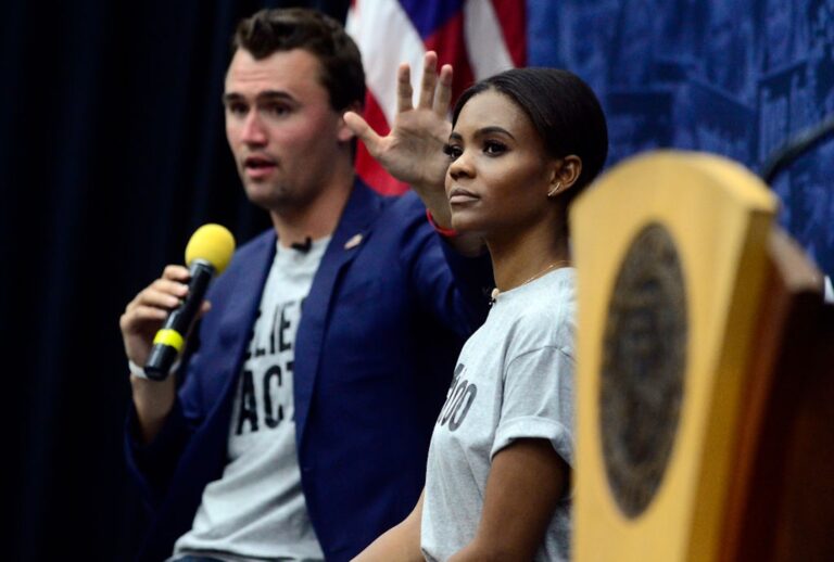 Charlie Kirk and Candace Owens speak at the University of Colorado, Boulder on Oct. 3, 2018. (Paul Aiken/Digital First Media/Boulder Daily Camera via Getty Images)