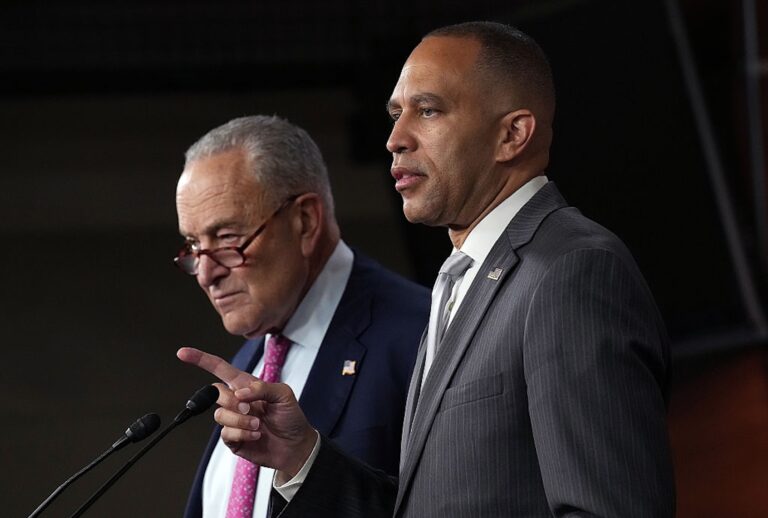 Senate Minority Leader Charles Schumer, D-N.Y., and House Minority Leader Hakeem Jeffries, D-N.Y., speak at a press conference on June 11, 2025. (Kevin Dietsch/Getty Images)