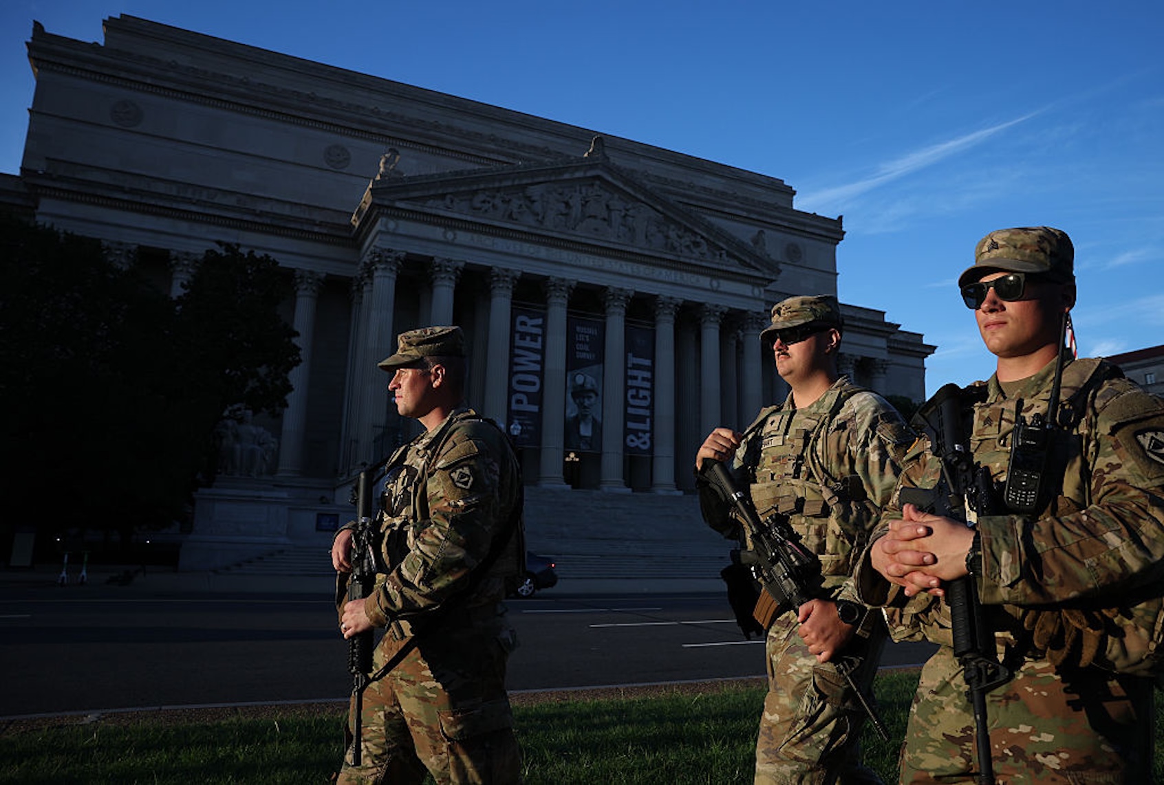 Members of the National Guard patrol Constitution Avenue in Washington, D.C., on Aug. 26, 2025. (Win McNamee/Getty Images)