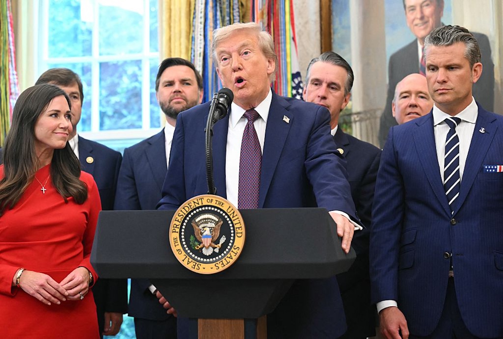 President Donald Trump announces on Sept. 2, 2025, that U.S. Space Command will move its headquarters from Colorado to Alabama. (SAUL LOEB/AFP via Getty Images)