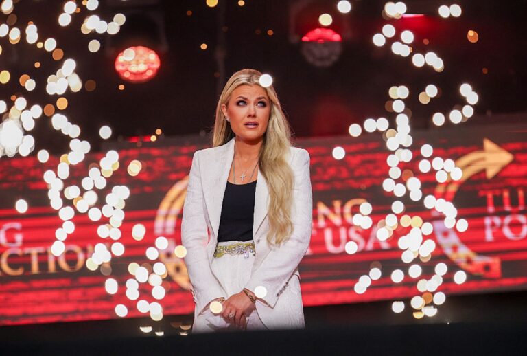 Erika Kirk speaks during the memorial service for her husband, right-wing influencer Charlie Kirk, on Sept. 21, 2025. (Win McNamee/Getty Images)