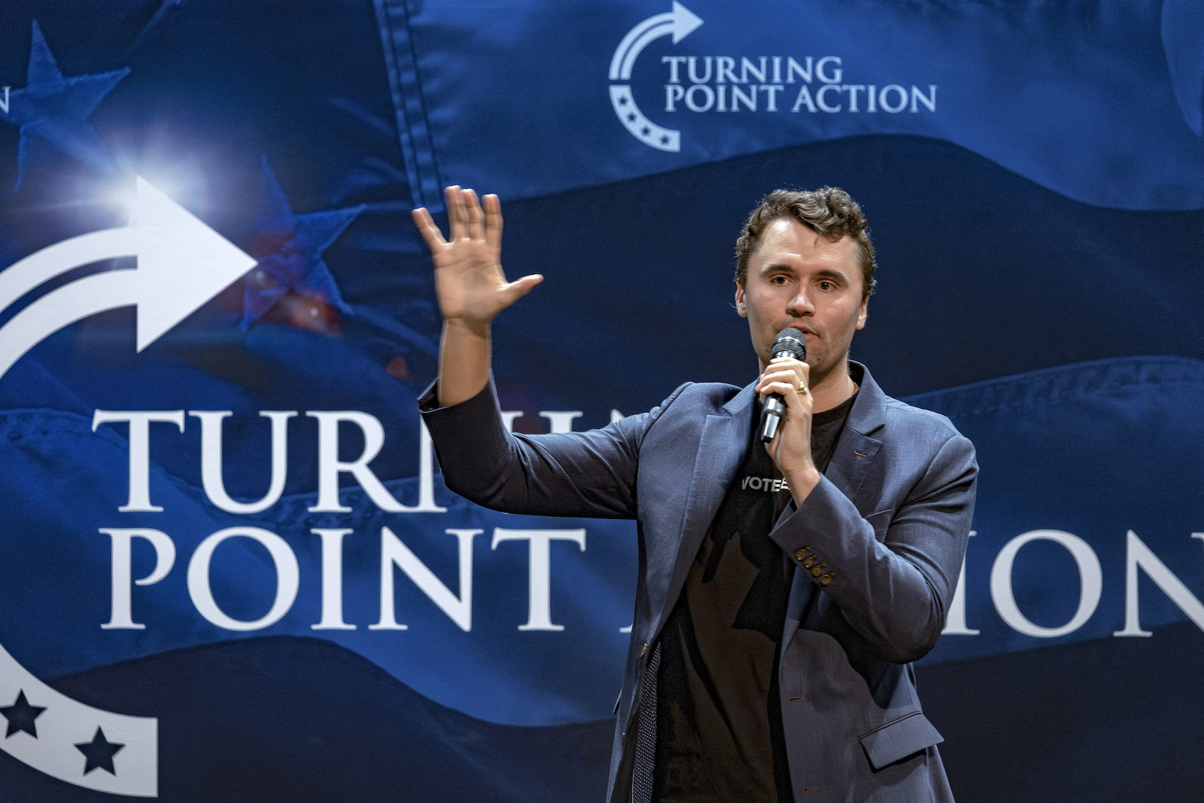 Conservative political activist Charlie Kirk, founder of Turning Point Action, speaks during a meeting on the campus of the University of Arizona in Tucson on October 17, 2024. (Photo by Olivier Touron/Getty Images)