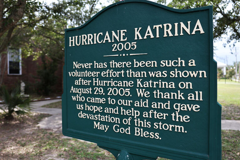 One of many markers erected to preserve the memories of those lost and those who helped in the recovery 20 years ago after Hurricane Katrina. (Mario Tama / Getty Images)