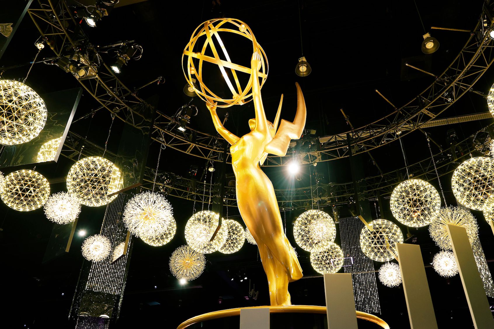 A view of the Emmy statue is seen during the 77th Primetime Emmys Press Preview at Peacock Theater on September 11, 2025 in Los Angeles, California. (Photo by Frazer Harrison/Getty Images)