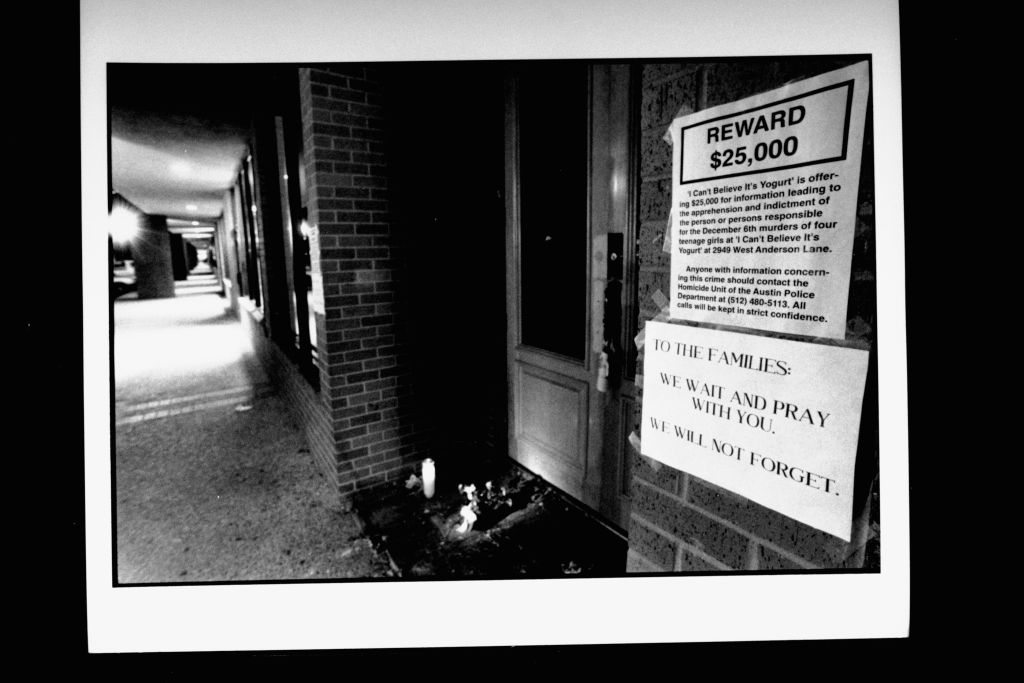 This photo from early 1992 was displayed on the site of the murders of 4 teenage girls. It offers a reward for information Fast forward over 30 years and an HBO documentar, DNA officially closed the case, linking a now-dead serial rapist to the crimes. (Mark Perlstein / Getty Images)