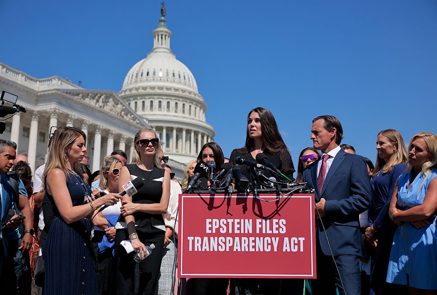 Teresa Helm speaks during a news conference with fellow alleged victims of disgraced financier and sex trafficker Jeffrey Epstein, their lawyers, supporters and members of Congress outside the U.S. Capitol on Sept. 03, 2025. (Chip Somodevilla/Getty Images)