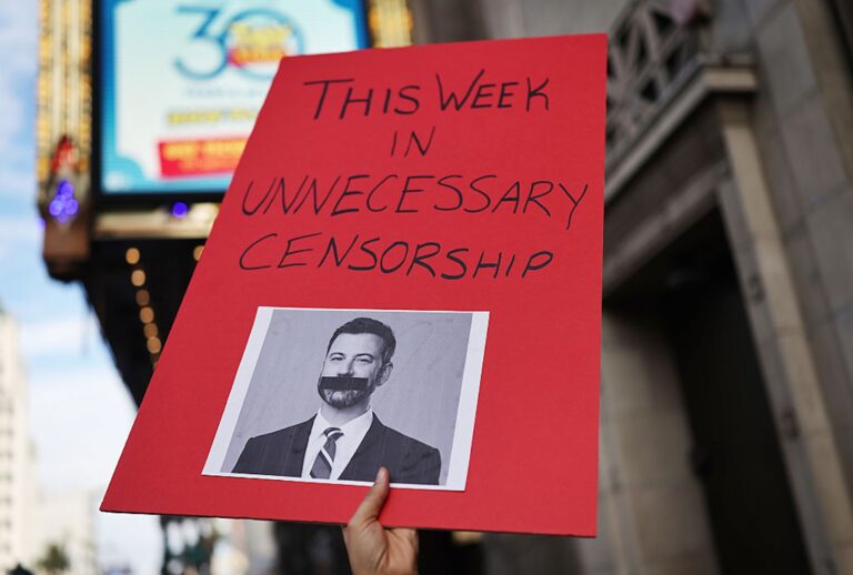 Demonstrators protest the suspension of the "Jimmy Kimmel Live!" show on Sept. 18, 2025, outside the El Capitan Entertainment Centre in Hollywood where the show is performed. (Mario Tama/Getty Images)