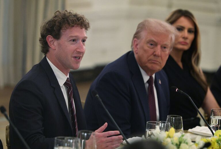 Meta CEO Mark Zuckerberg and President Donald Trump during a dinner at the White House for tech and business leaders on Sept. 4, 2025. (Alex Wong/Getty Images)
