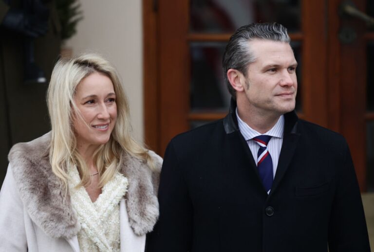 Secretary of Defense of Pete Hegseth and his wife Jennifer in Warsaw, Poland on Feb. 14, 2025. (Photo by Jakub Porzycki/NurPhoto) (Jakub Porzycki/NurPhoto via Getty Images)
