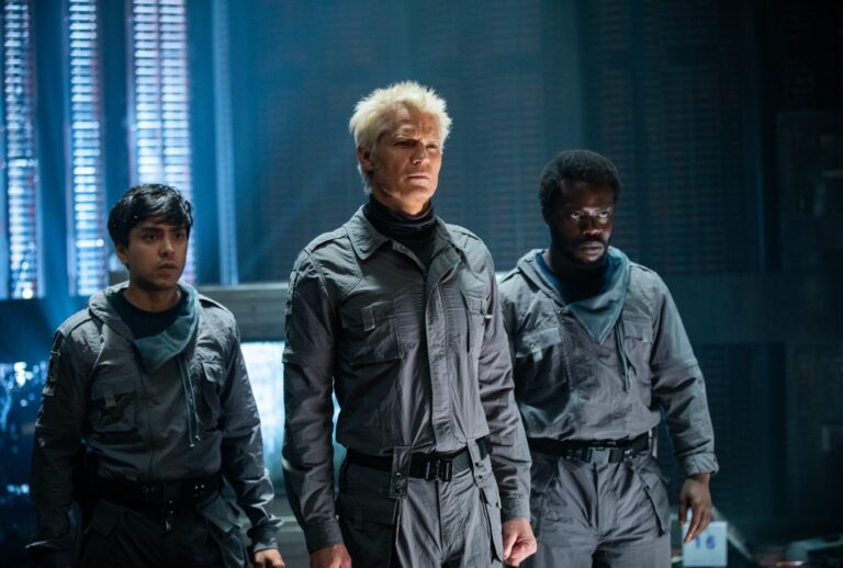 Adarsh Gourav, Timothy Olyphant and Babou Ceesay in "Alien: Earth" (FX)