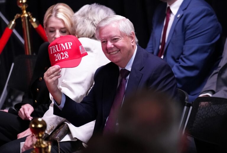 U.S. Sen. Lindsey Graham, R-S.C., holds up a hat that reads "Trump 2028" during an event at the Kennedy Center on August 13, 2025 in Washington, DC. (Kevin Dietsch/Getty Images)