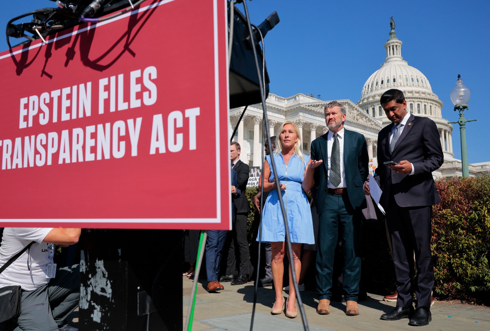 Rep. Marjorie Taylor Greene (R-SC), Rep. Thomas Massie (R-KY) and Rep. Ro Khanna (D-CA) look on during a news conference with alleged victims of disgraced financier and sex trafficker Jeffrey Epstein outside the U.S. Capitol on September 03, 2025 in Washington, DC. (Chip Somodevilla/Getty Images)