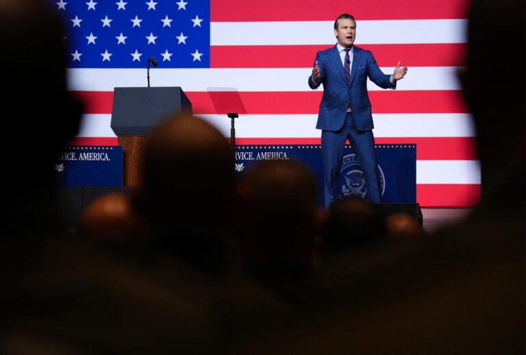 U.S. Secretary of Defense Pete Hegseth speaks to senior military leaders at Marine Corps Base Quantico on September 30, 2025 in Quantico, Virginia. (Andrew Harnik/Getty Images)