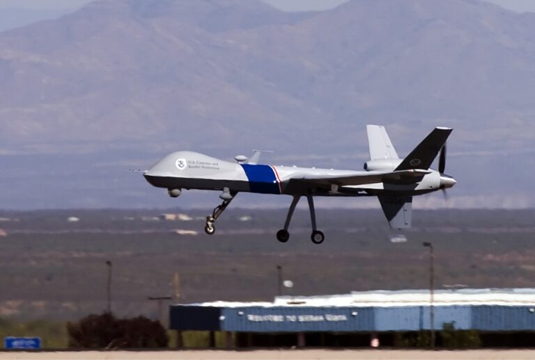 The new MQ-9 Predator B, an unmanned surveillance aircraft system, unveiled by the U.S. Customs and Border Protection (CBP), takes off at Libby Army Airfield at Ft. Huachuca October 30, 2006 in Sierra Vista, Arizona. (Gary Williams/Getty Images)