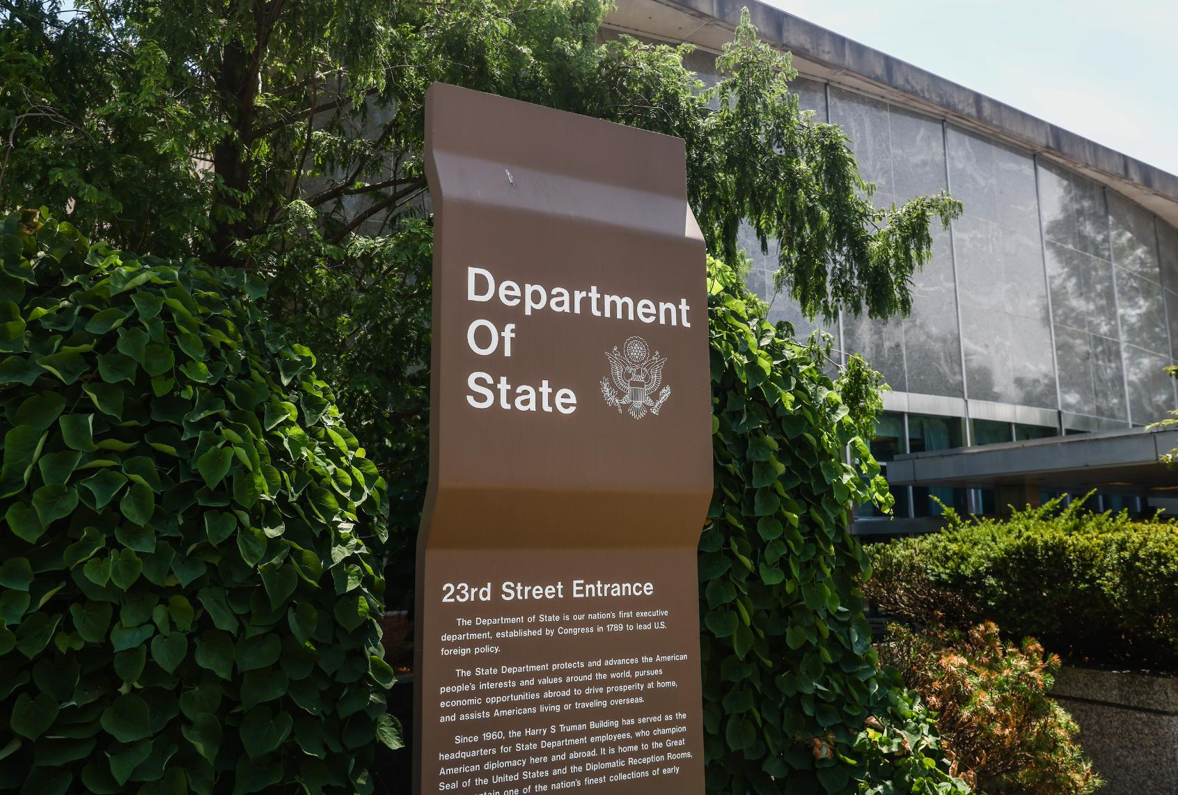 The U.S. Department of State sign in Washington, DC, United States of America on July 9th. (Beata Zawrzel/NurPhoto via Getty Images)