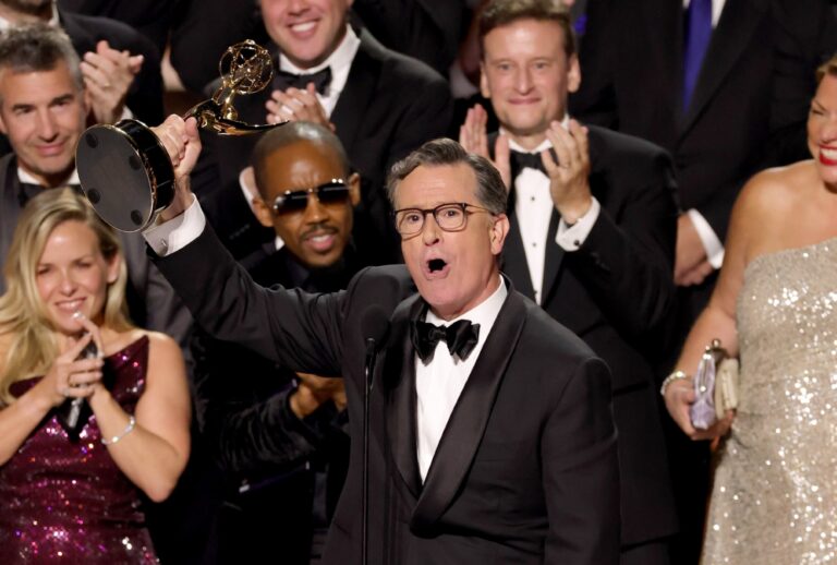 Stephen Colbert accepts the Outstanding Talk Series Award for "The Late Show with Stephen Colbert" during the 77th Primetime Emmy Awards on September 14, 2025 in Los Angeles, California. (Kevin Winter/Getty Images)